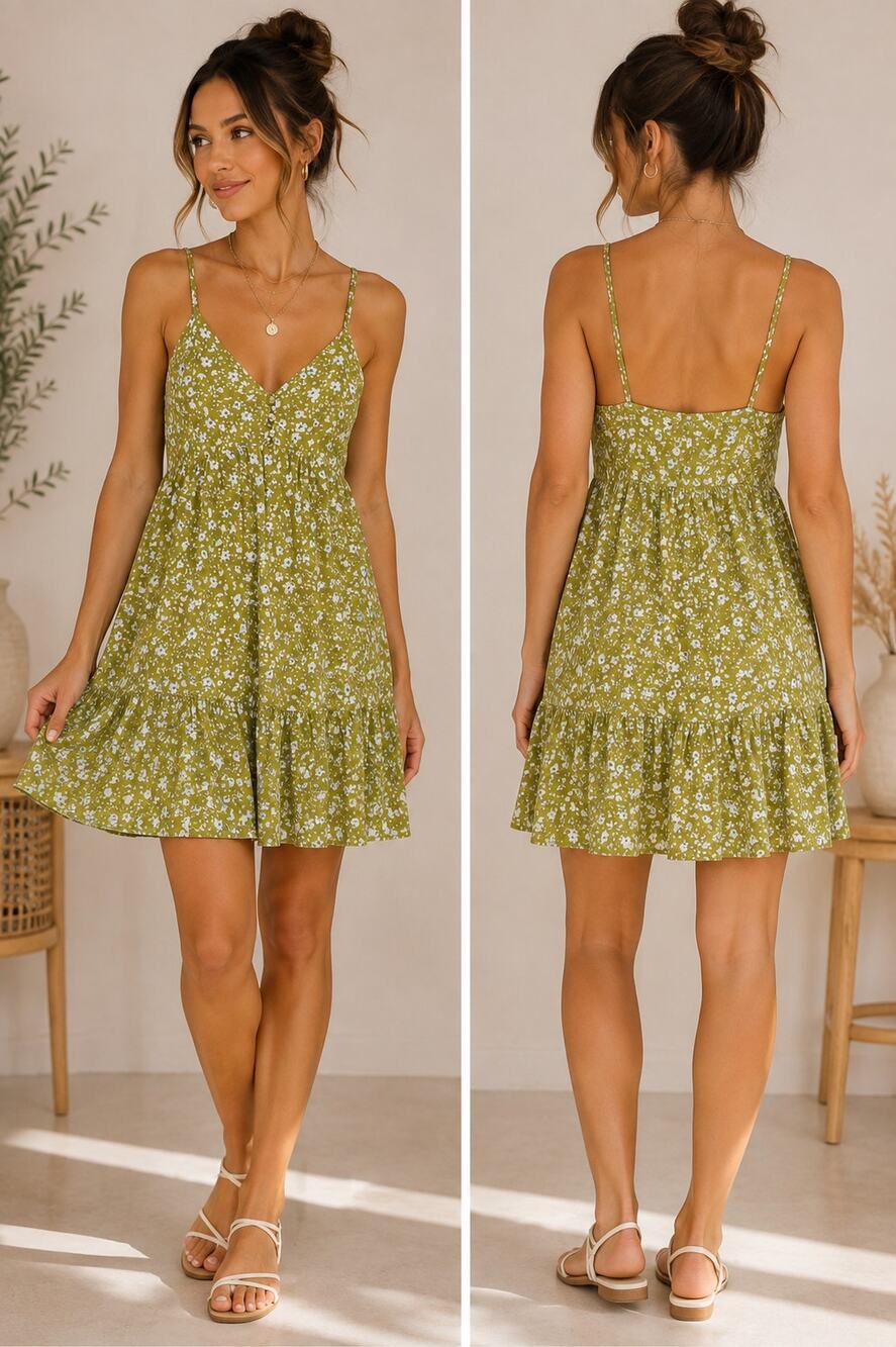 New In Olive Green Floral Tiered Mini Dress Size S